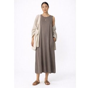 MOD REF Brown Taupe Round Neck Midi Dress S Minimal Comfortable Casual